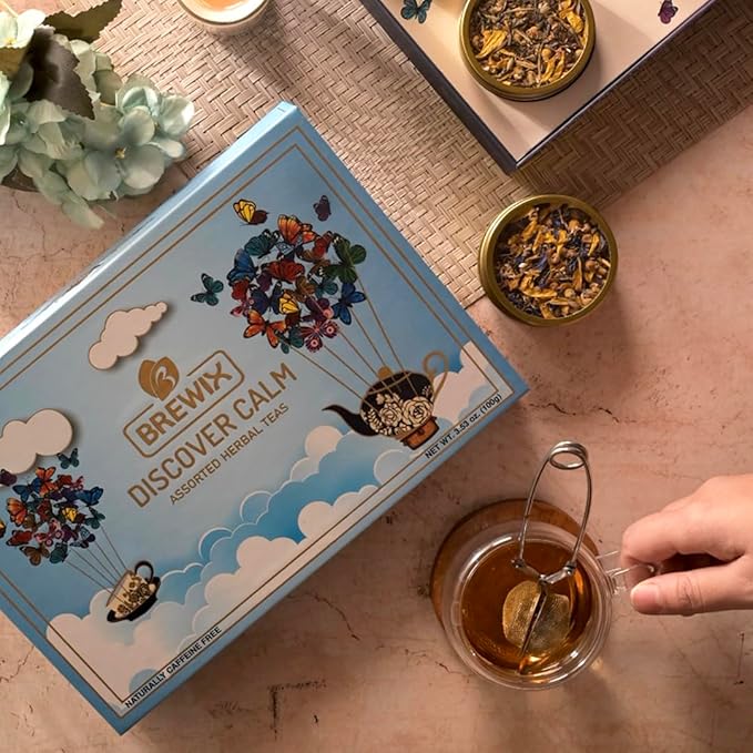 BREWIX, Discover Calm Premium Herbal Tea Christmas Gift Box (3.53oz/50+ Cups) | Tea Gift Sets For Tea Lover | 6 Unique Herbal Teas | Best for Birthdays, Anniversaries & Holidays
