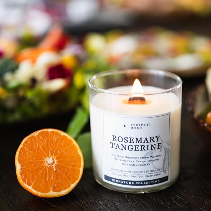 PERIPETI Home Rosemary + Tangerine Scented Candle - Wooden Wick, 8.5oz Natural Soy Wax for Energizing Aromatherapy - Long-Lasting Citrus & Herbal Fragrance for Home or Spa