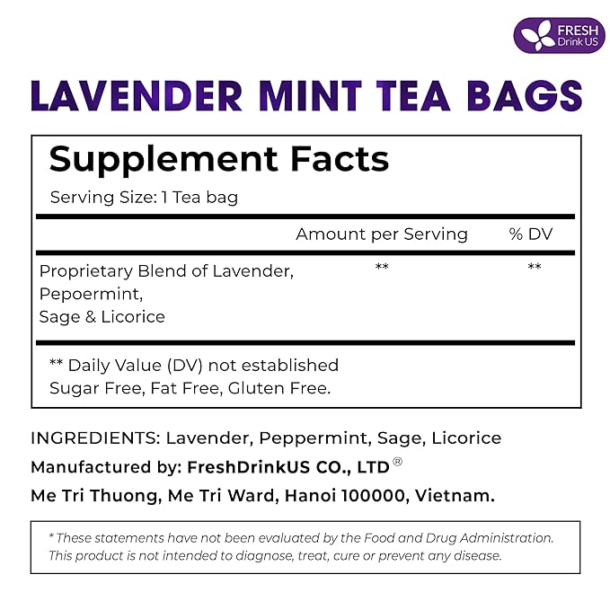 FreshDrinkUS, Premium 55 Tea Bags Lavender Mint Tea, 100% Natural, Blend of Lavender, Peppermint, Sage and Licorice. Made with Natural Material Tea Bags. No Sugar, No Caffeine, Vegan.