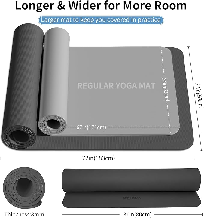 WOHAO Extra Wide & Thick 8mm Yoga Mat, 72"x31.5" Large Non Slip Exercise Mat, Premium POE Material for Superior Cushioning & Stability, with Strap for Home Gym, Pilates