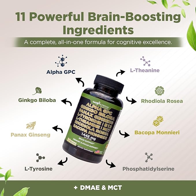 Gade Nutrition Alpha GPC + Ginkgo Biloba + Panax Ginseng + L- Tyrosine, L-Theanine, Bocopa Monnieri, Rhodiola Rosea, B12, MCT