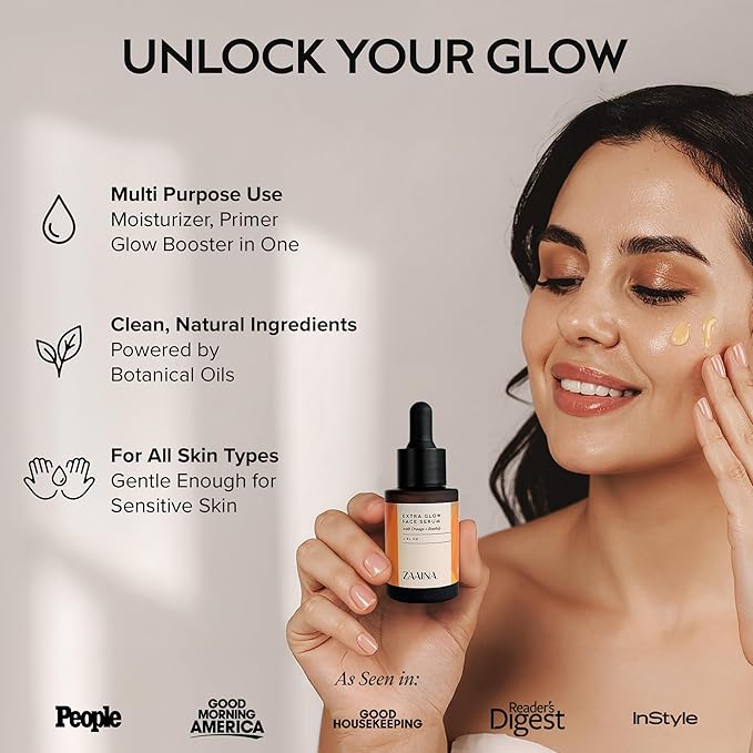 ZAAINA Extra Glow Face Serum - Natural Facial Oil for Radiant Glass Skin - Hydrating Vitamin E Ayurvedic Daily Moisturizer for Dry & Sensitive Skin - Non-Greasy & Lightweight - 1 oz