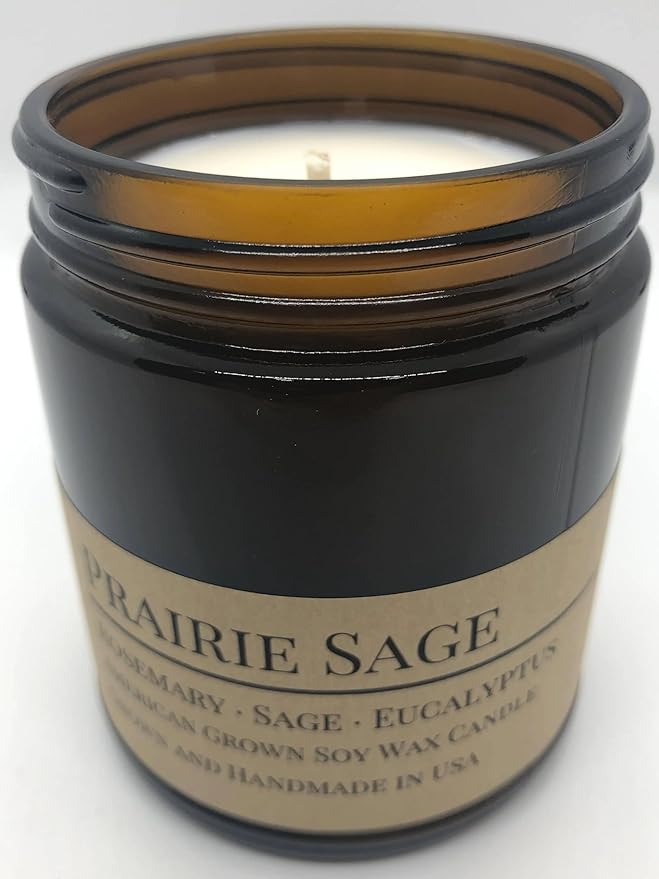 Scented Soy Wax Candle (8.0 oz) 50-60 Hour Burn Time, Cotton Wick, Amber Glass Jar, Grown and Made in USA Prairie Sage