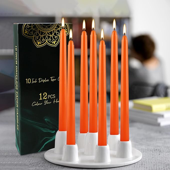 10 Inch Orange Slender Taper Candles Set - 12 Pcs Dripless, Smokeless with Cotton Wick, Ideal for Halloween,Thanksgiving,Dinner, Weddings & Home Decor.
