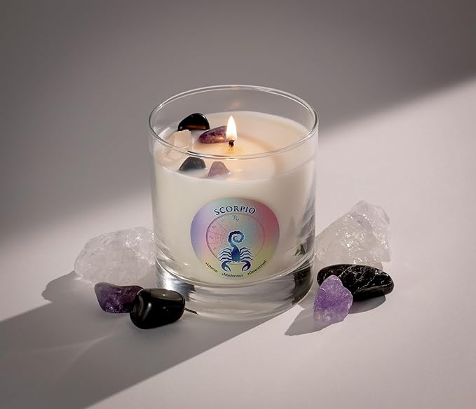 Luxury Glass Jar Candle, Scorpio Zodiac Sign, 8.8 oz - Crystal Infused - Scents of Ozone, Citrus, Sandalwood & Amber - USA Made, Coconut-Soy Wax, Essential Oils, Dr. Developed