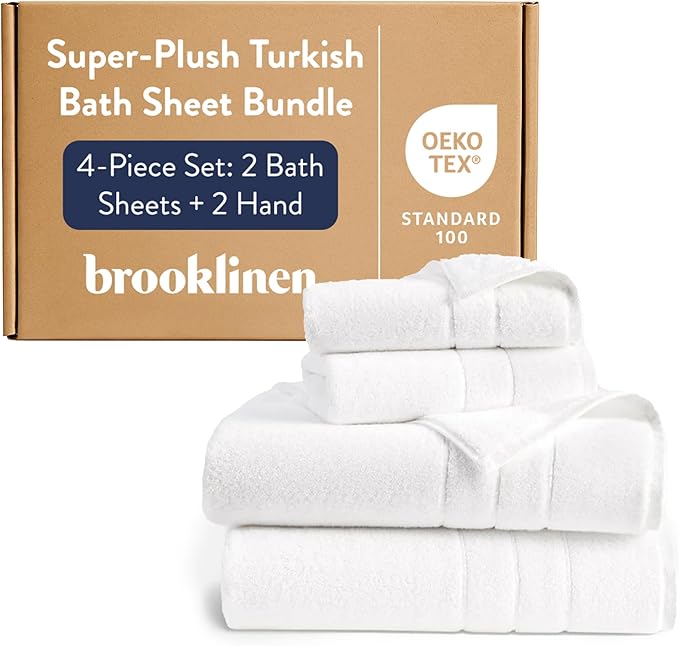 Brooklinen Super-Plush Bath Sheet and Hand Towel Set - 2 Bath Sheets 2 Hand Towels - Cotton, Highly Absorbent (Solid White)