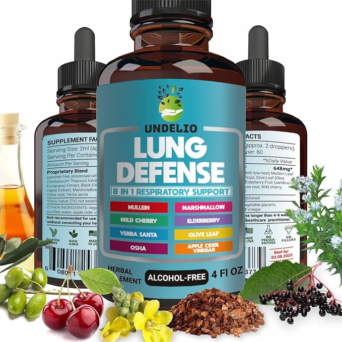 Lung Defense Herbal Extract 8 in 1 Blend (Mullein,Marshmallow,OSHA,Wild Cherry,Elderberry,Yerba Santa,Olive Leaf,ACV) Lung Cleanse - Respiratory & Immune System Support - Liquid Supplement- 4 OZ