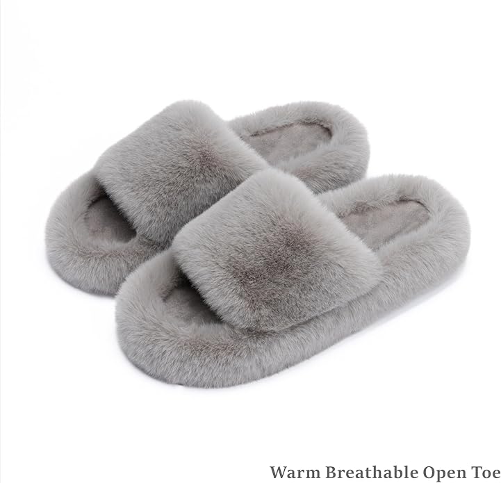 Chantomoo Women's Blue Memory Foam Faux Fur Lined Open Toe Slippers for Women - US 12