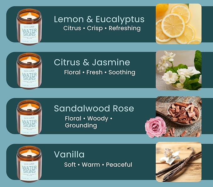 Pisces, Cancer, Scorpio Gifts for Women - Wood Wick Candles, 4 Pack Small Scented Candles Set for Women. 6oz Natural Soy Wax, Aromatherapy Set for Home. Zodiac Astrology Birthday Spiritual Gifts