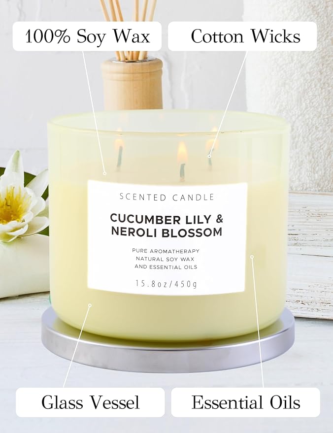 Cucumber Lily & Neroli Orange Blossom 3-Wick Soy Scented Candle, 15.8 oz | Spa Fresh Aromatherapy Candle | Large Scented Candle for Home, Long Lasting & Clean Burning