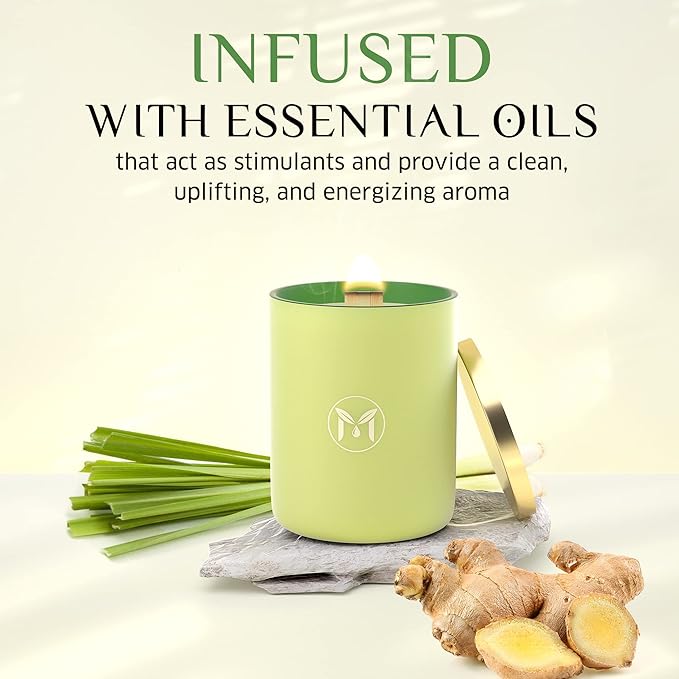 MyrrhUSA Lemongrass Ginger Scented Candle – 15oz Natural Soy Wax with Crackling Wooden Wick & Essential Oil, 80 Hour Burn, Luxury Aromatherapy Candle for Relaxation, Home Décor, Living Room & Bathroom
