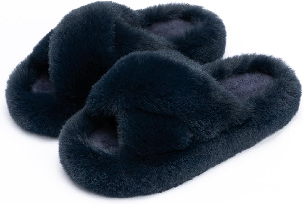 Chantomoo Women's Blue Memory Foam Faux Fur Lined Open Toe Slippers for Women - US 12