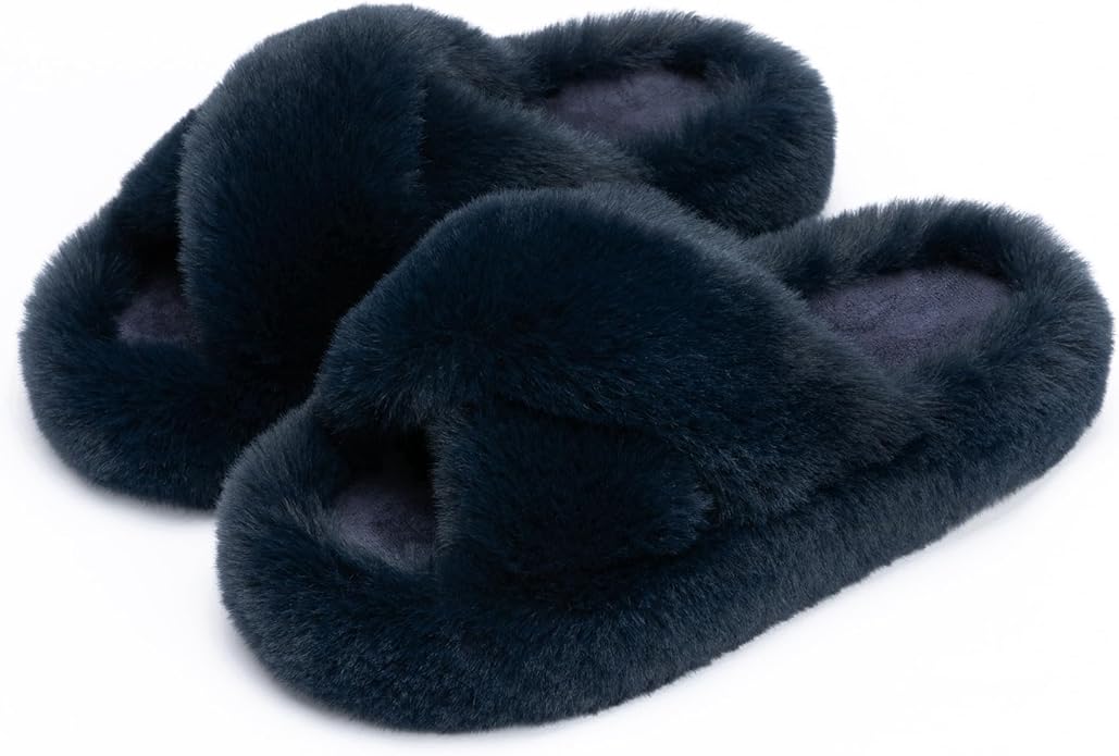 Chantomoo Women's Blue Memory Foam Faux Fur Lined Open Toe Slippers for Women - US 12