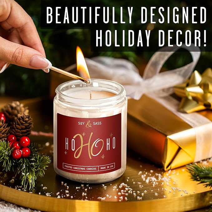 Christmas Candles Scented – ‘Ho Ho Ho’ Soy Christmas Candle, with Santa's Cookies Scent - Infused with Essential Oils I Holiday Candles I 9oz, 50Hr, Made in USA