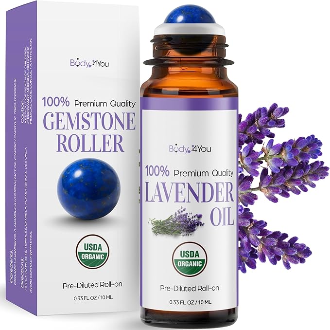 BodyJ4You Lavender Essential Oil Roll On - Pure 100% USDA Organic Coconut Oil - Natural Lapis Lazuli Stone Roller - Calm Aroma Sleep Prep Pulse Point Meditation - Amber Glass Bottle Rollerball (10ml)