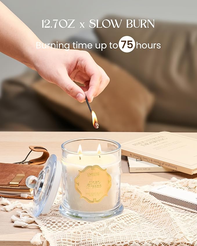 M&SENSE Linen Candles for Home Scented, Organic Soy Candles Non Toxic, 12.7oz Large Jar Candle 75 Hours Long Lasting Slow Burning, Fresh Clean Scented Air Puriffying Housewarming Candle Father Gift
