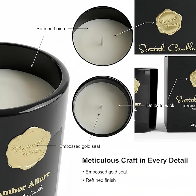 Luxurious Scented Candle-Amber Allure-Aromatherapy Jar Candles for Relaxation & Sleep -7 oz- 45 Hours Clean Burn-Hand-Cast -100% Natural Soy Wax -Valentine’s Day Gift