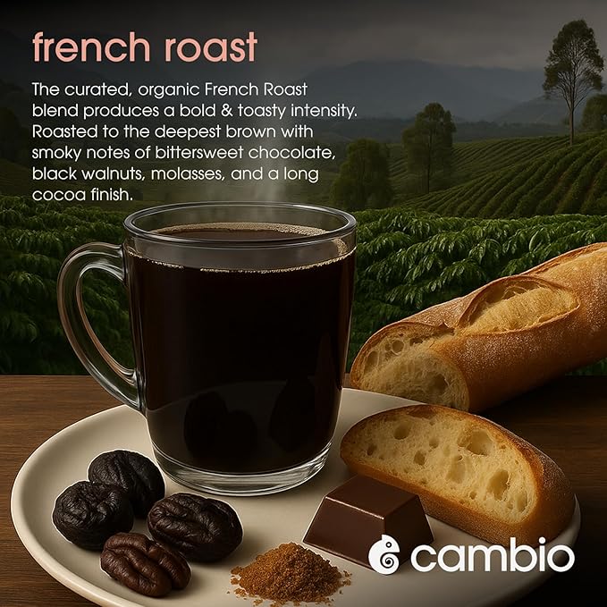 Cambio Roasters French Roast Organic Keurig KCups, Only Aluminum KCup Keurig Coffee Pods for Better & Longer Lasting Flavor, Intense Dark Roast Coffee K Cups, Toasty with Smoky Aroma, 10 count
