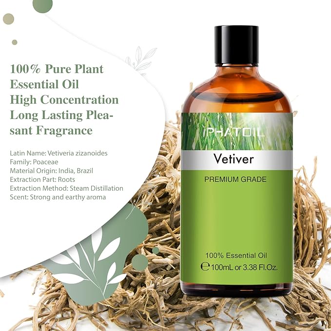 Vetiver 3.38fl.oz Essential Oil, PHATOIL Pure Aromatherapy Oils for Diffuser, Humidifier, Perfect for DIY Soap, Candle, Bath Bombs Making(100ml)