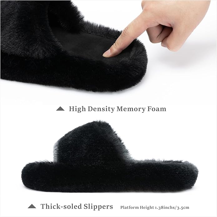 Chantomoo Women's Blue Memory Foam Faux Fur Lined Open Toe Slippers for Women - US 12