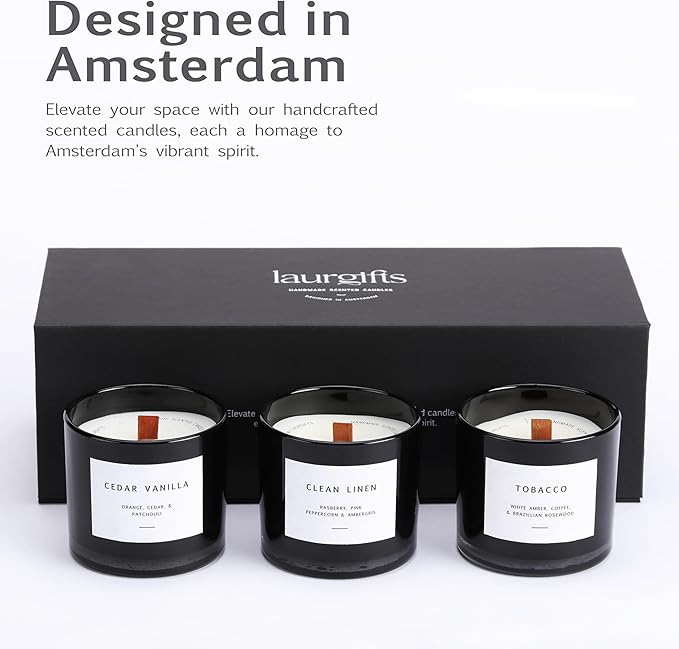 Scented Candles for Men – Masculine Candle Gift Set of 3 with Tobacco, Cedar Vanilla & Clean Linen – Luxury Black Candles Gift Box, Birthday Gifts for Men, Candles for Boyfriend, Christmas Gifts