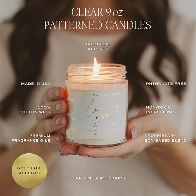 Sweet Water Decor Spa Day Patterned Candle – Soy Candles with Sea Salt, Jasmine, Wood, Cream Aroma– 40 Hour Burn – 9oz Clear Glass Jar – Ideal for Valentines Presents or Any Special Occasion