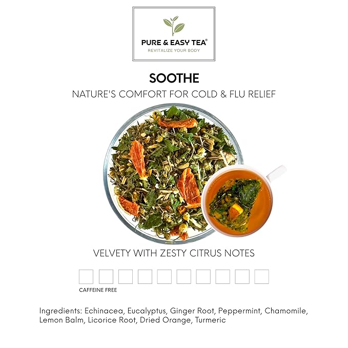 Pure And Easy Tea, Soothe Cold & Sore Throat Relief Tea, Whole-Leaf Herbal Blend with Echinacea, Eucalyptus & Ginger, 15 Large Plant-Based Pyramid Tea Bags (75g)