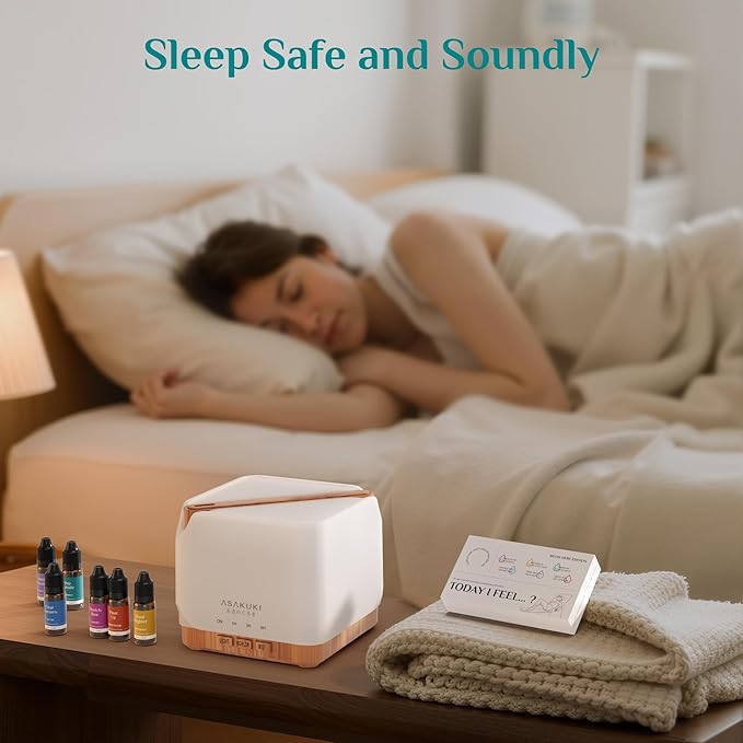 ASAKUKI Essential Oil Diffuser 700ml, Ultrasonic Aromatherapy Humidifier with Top 6 Essential Oils Set, 7 LED Colors, Timer & Auto-Off, Large Room Diffuser