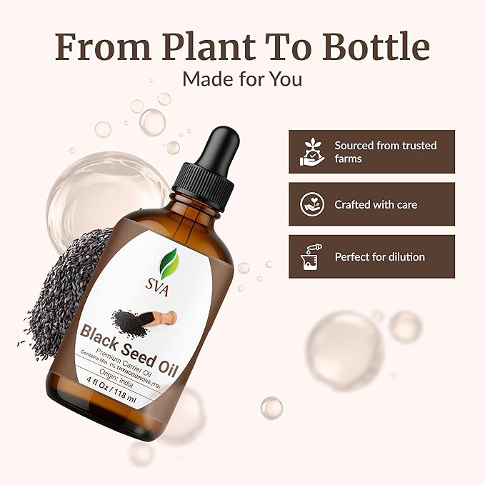 SVA Black Seed Oil - 4 Fl Oz – 100% Natural Cold Pressed Black Seed Oil - for Face, Skin Care, Hair Care, Scalp Massage & Body Massage – Carrier Oil with Dropper
