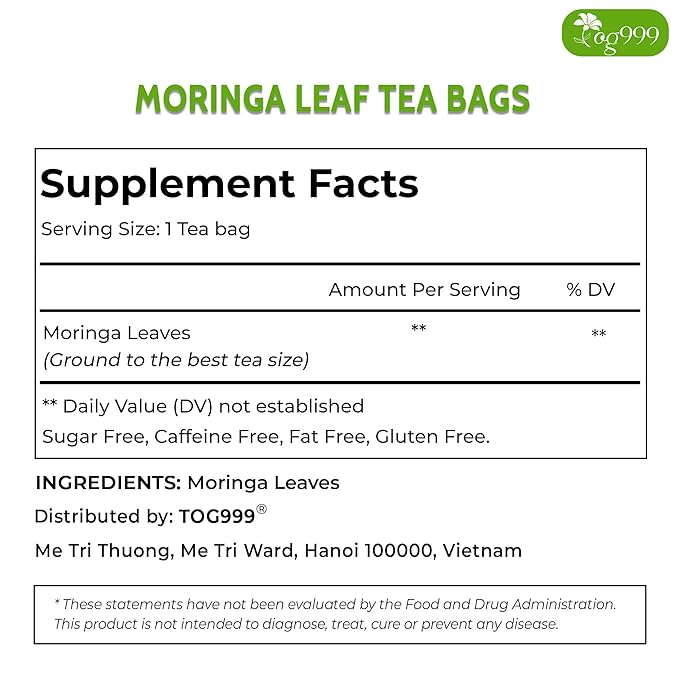 TOG999, Premium 60 Moringa Leaf Tea Bags, 100% Natural & Pure. Loose Leaf Moringa Herbal Tea. No Sugar, No Caffeine, No Gluten, Vegan.