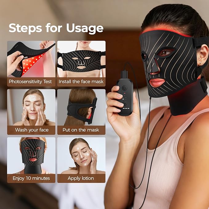 Red Light Therapy for Face,LED Face Mask Light Therapy with Neck Device,103 3-in-1 Light Beads,Remoter Rechargeable,Timing Function,Infrared Red Light Therapy Mask for Home Working Travel Yoga Sleep