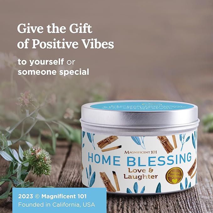 Magnificent 101 Long-Lasting Home Blessing - Love & Laughter Aromatherapy Smudge Candle - 6 Oz - 35-Hour Burn - Soy Wax, Sage, Bergamot & Sandalwood - Meditation & Manifestation - Sage Candle
