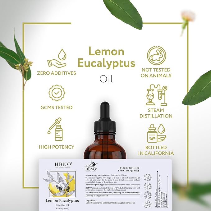 HBNO Lemon Eucalyptus Essential Oil - 4 oz (120ml) - Natural - Perfect for Cleaning, Aromatherapy, DIY, Soap & Diffuser