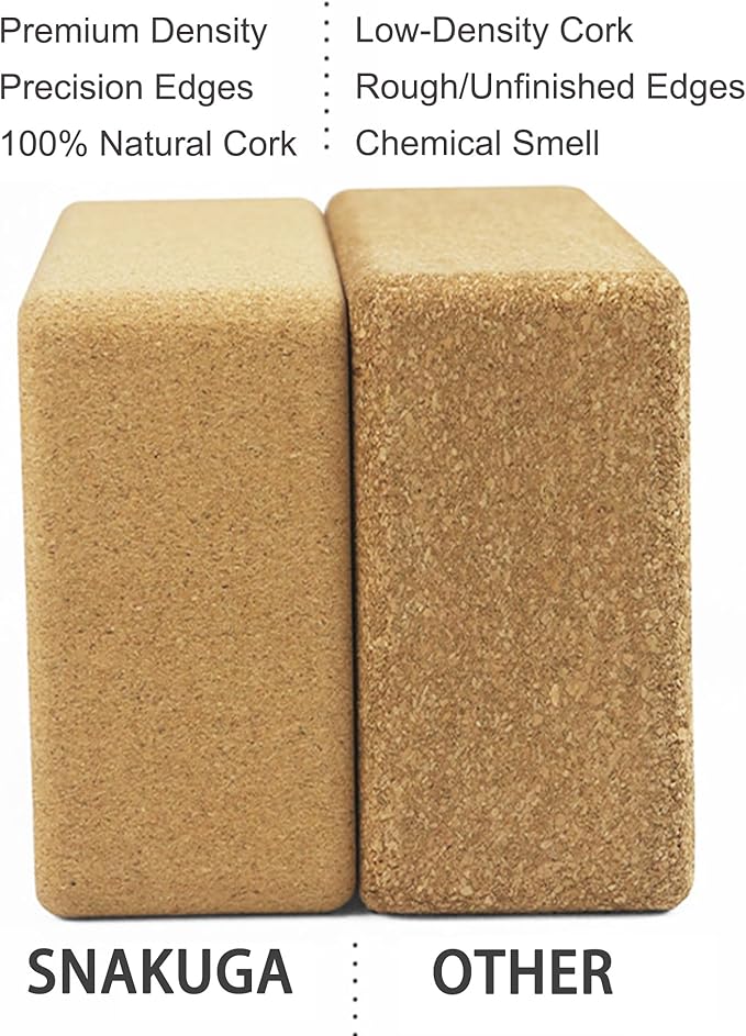 SNAKUGA Cork Yoga Block 2 Pack for Pilates, 4'' or 3'' Non-Slip & High Density Blocks for Meditation, Fitness and Stretching, Supportive and Flexibility Brick for Improve Poses Balance