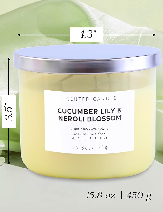 Cucumber Lily & Neroli Orange Blossom 3-Wick Soy Scented Candle, 15.8 oz | Spa Fresh Aromatherapy Candle | Large Scented Candle for Home, Long Lasting & Clean Burning