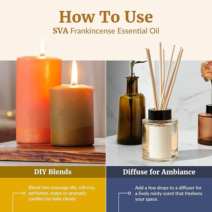 SVA Frankincense Essential Oil – 4 Fl Oz – 100% Natural Boswellia Serrata Oil - for Diffuser, Hair Care, Face, Skin Care, Aromatherapy, Scalp and Body Massage, Soap and Candle Making – with Dropper