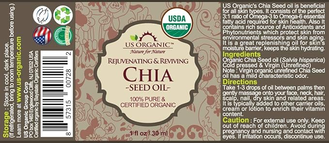 US Organic Chia Seed Oil, Certified Organic, Pure & Natural, Cold Pressed Virgin, Unrefined, Sourced from Paraguay, in Amber Glass Bottle w/Glass Eyedropper (1 oz (30 ml))