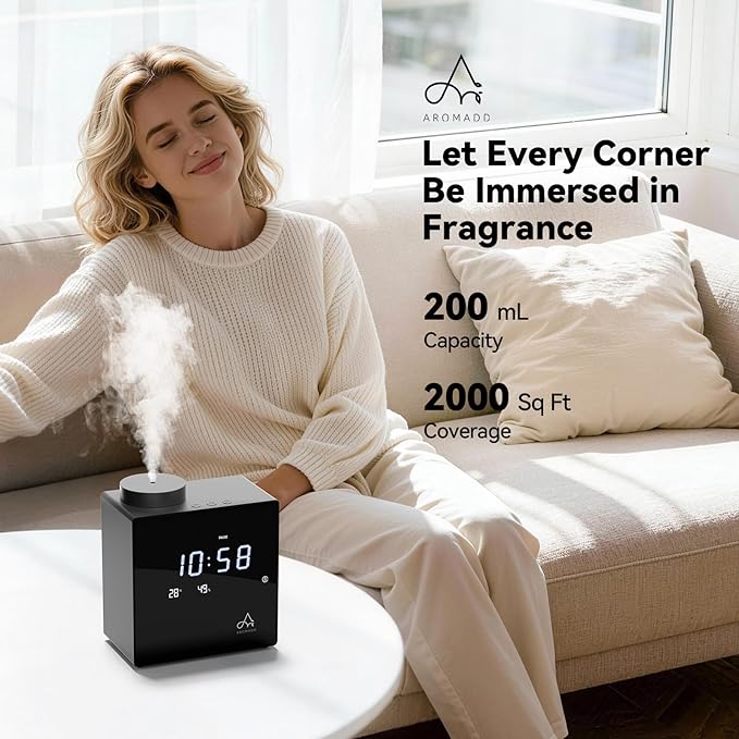 2026 Smart Waterless Diffuser, 2000 Sq.Ft Cold Air Scent Machine with Clock & Environmental Display | 7 Fragrance Levels, 9 Timer Settings, Hotel Collection Diffuser for Home & Large Rooms (Black)