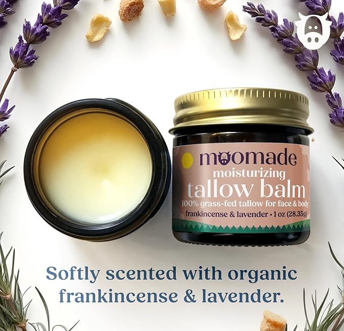 Organic Beef Tallow Bag Balm with Frankincense, Lavender, & Rosehip Oil, 1 oz – Hand Made in USA Tallow Moisturizer for Dry, Sensitive Skin, Rosacea, Eczema | Natural Hydration for Face & Body