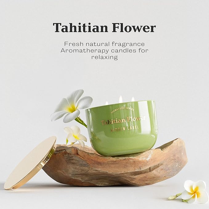 Hidden Label Tahitian Flower Scented Candles,3-Wick Aromatherapy Candle – 18oz, 70-Hour Burn Time, 100% Natural Soy Wax, Luxury Home Scent & Décor for Women and Men