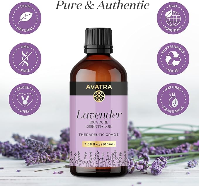 Avatra Essential Oil with Glass Dropper and Travel Bottle - 100% Pure and Natural - Essential Oils for Diffuser, Aromatherapy, Soap and Candle Making, Lavender Essential Oil, Lavender Oil, 3.38 Fl Oz