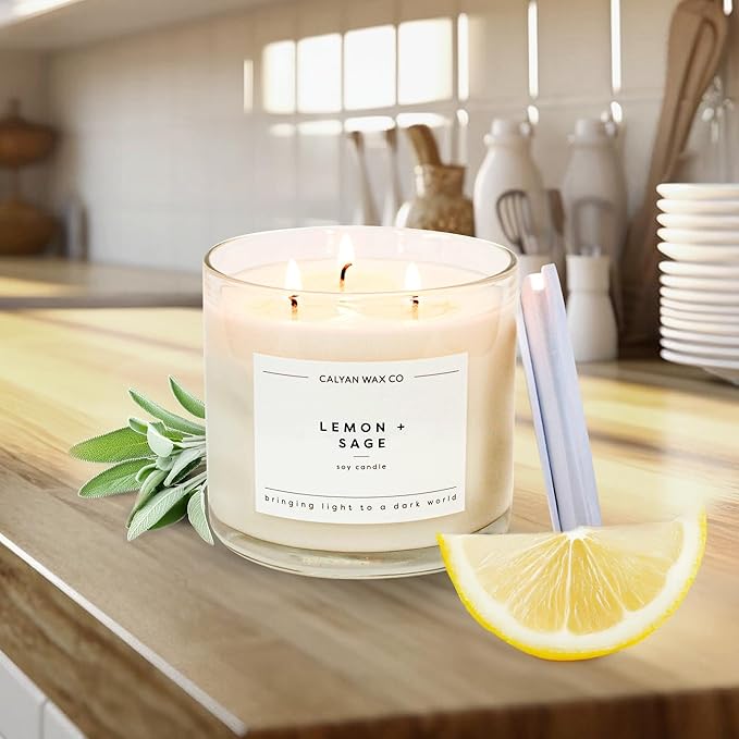 Calyan Wax Co. Lemon & Sage 3 Wick Scented Candle - 43 Hour Burn - Luxury 3 Wick Soy Candles - Non Toxic Soy Wax Candles - Long Lasting Large Glass Jar Candle for Home - 14.9oz
