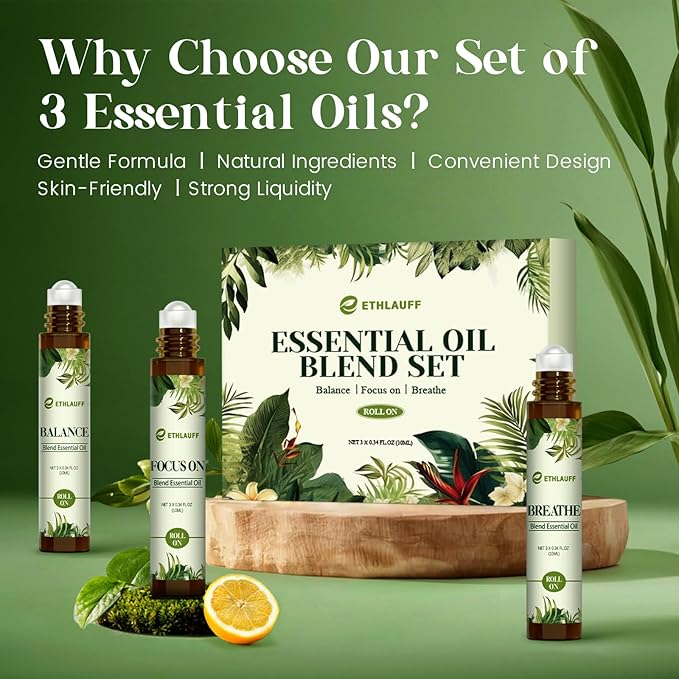 Essential Oils Roll On Set 3 Pack (Breathe, Focus on, Balance) - Essential Oil Blend Stress Relief Gift Aromatherapy Self Care Gift for Women, 3 * 10ml
