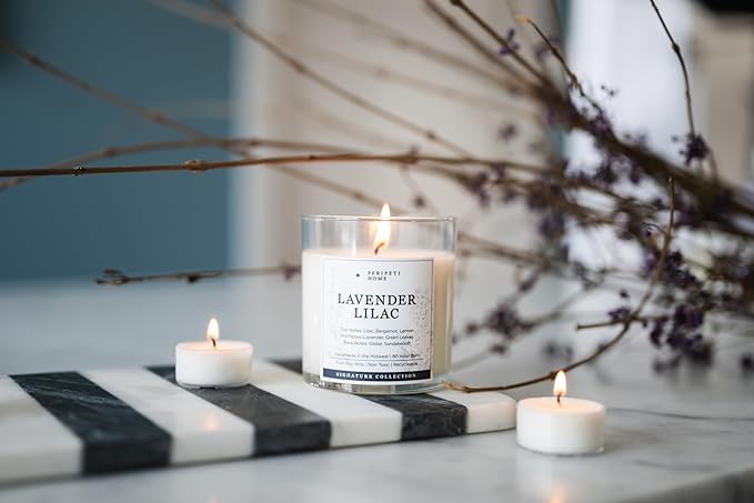 PERIPETI Home Lavender + Lilac Scented Candle - Classic Wick, 8.5oz Natural Soy Wax for Soothing Aromatherapy - Long-Lasting Relaxing Fragrance for Home or Spa