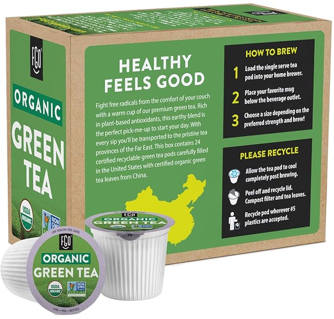 FGO Organic Green Tea K-Cup Pods for Keurig, 24 Count (Pack of 1), Premium Green Tea is USDA Organic, Non-GMO, & Recyclable with Naturally Occurring Caffeine