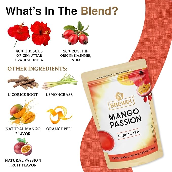 BREWIX, Mango Passion Fruit Herbal Tea Bags – 25 Plant-Based Pyramid Bags | Iced or Hot | Hibiscus, Citrus Peel, Lemongrass | Caffeine-Free & Naturally Uplifting Wellness Brew