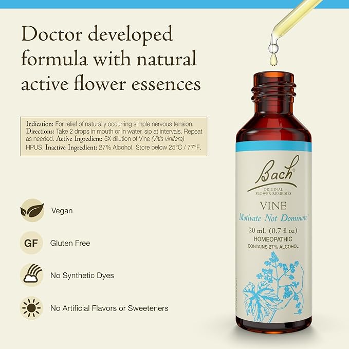 Bach Original Flower Remedies, Vine - Motivate Not Dominate - Natural Homeopathic Flower Essence for Emotional Balance - Vegan, Gluten Free, Sugar Free - 20mL Dropper