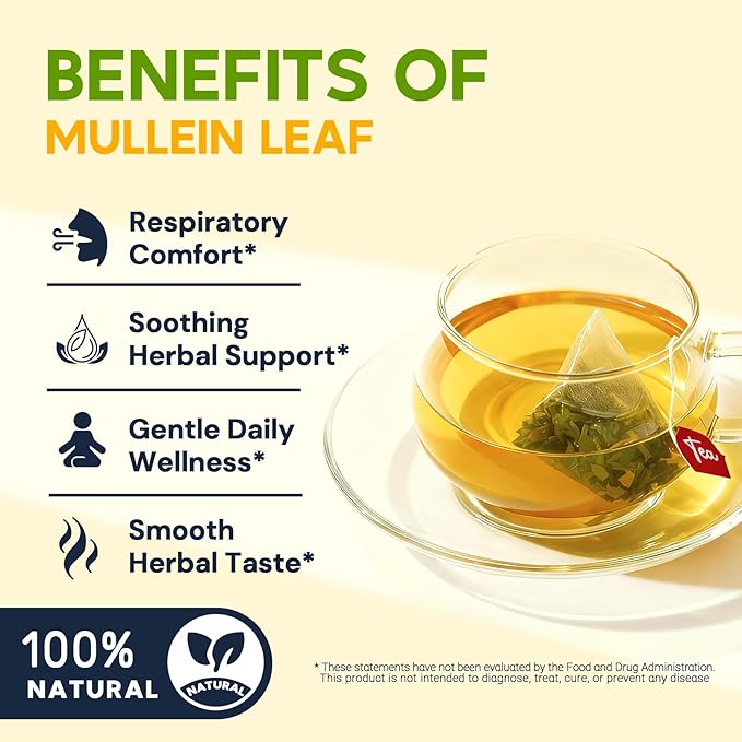 Hiihone Mullein Leaf Tea Bags for Lung Support, 80 Tea Bags, 100% Natural Herbal Tea from Mullein Leaves, Caffeine Free, No Sugar, No Additives