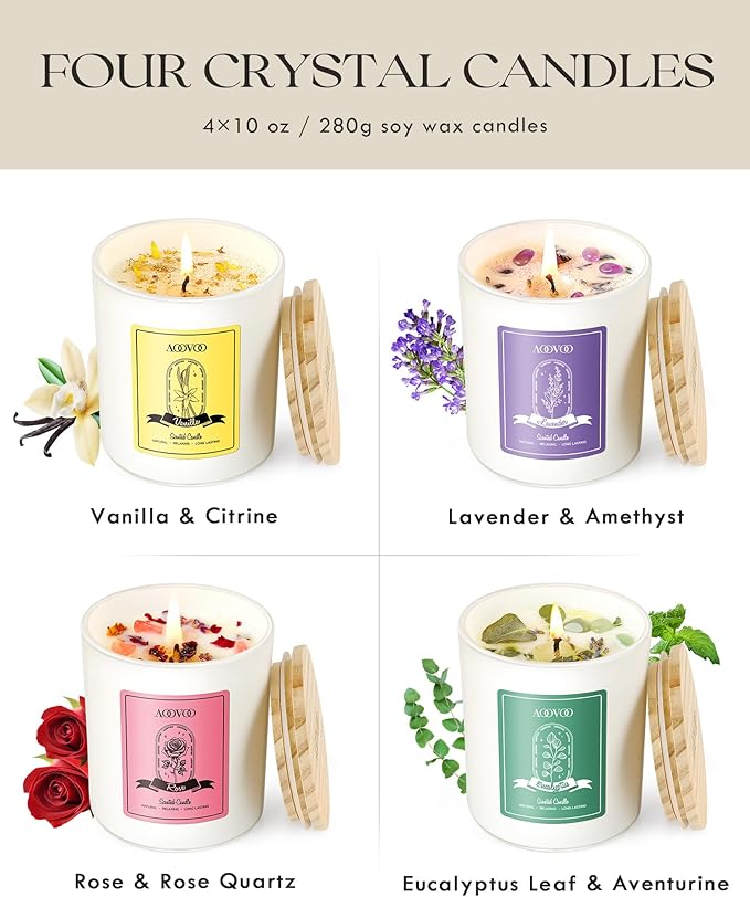 AOOVOO Rose/Vanilla/Eucalyptus/Lavender Scented Candles for Women - Aromatherapy Candle with Crystals Inside, 40oz Soy Candles for Home Scented, Birthday Gifts Christmas Candle for Women Mom