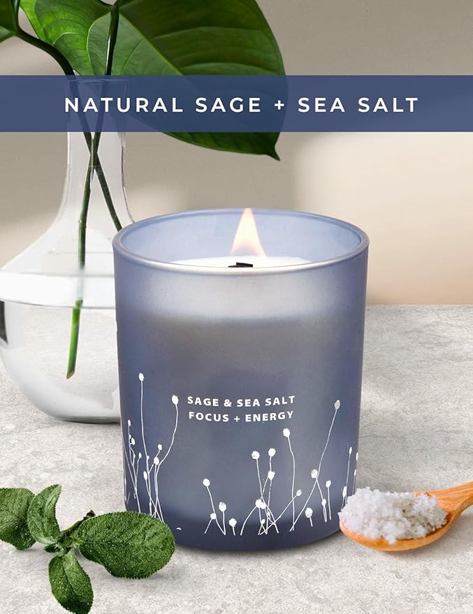 White Sage Sea Salt Wood Wick Soy Scented Candle, 10.6 oz | Sage Candle for Cleansing House | Aromatherapy Energy Cleansing Candle for Home, Meditation, Clean Burning Long Lasting